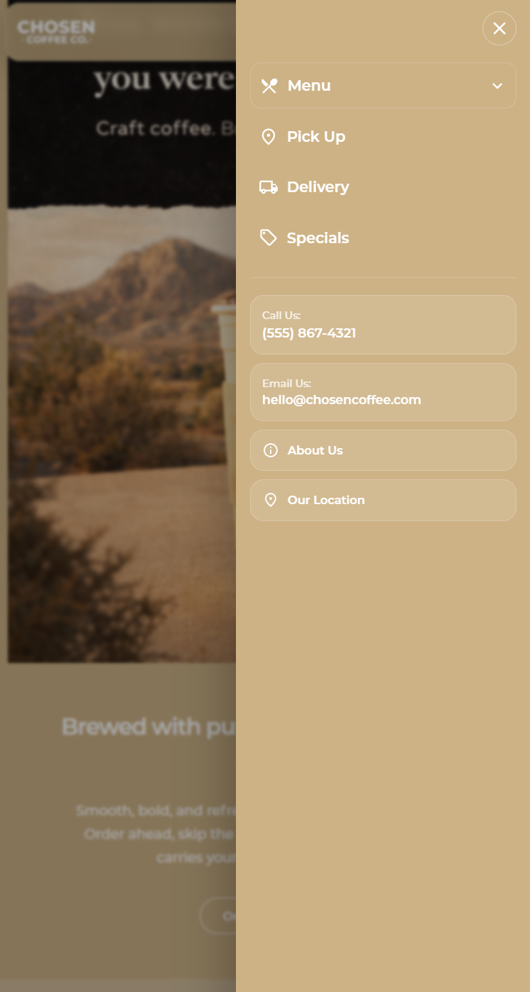 Chosen Coffee mobile side screen