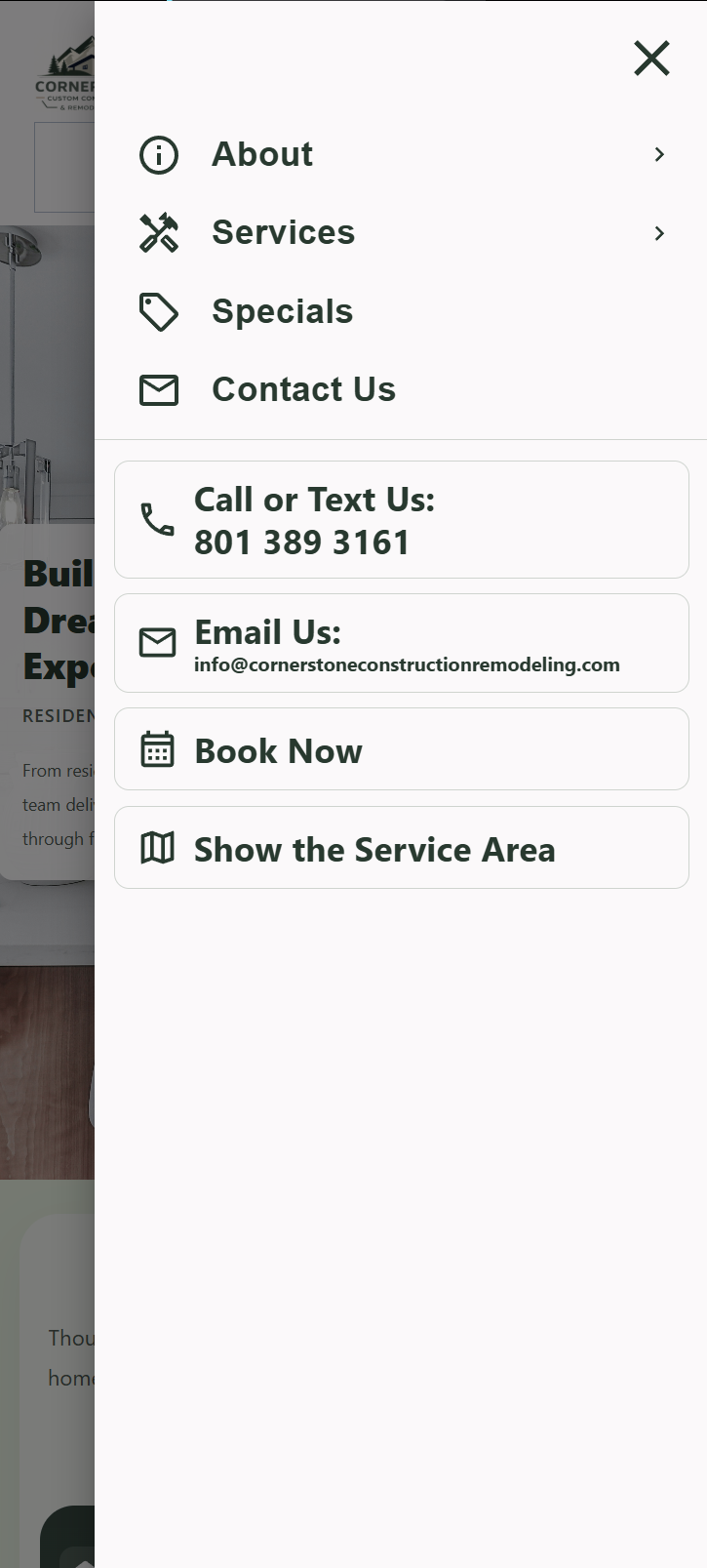Cornerstone Construction Remodeling mobile side screen