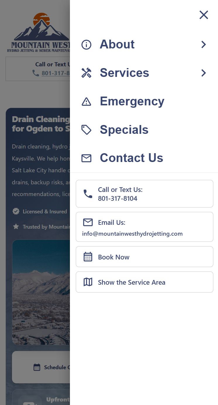Mountain West Hydro Jetting mobile side screen